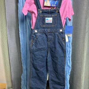 Rachel Pink Tee with Dark Blue Denim Overalls